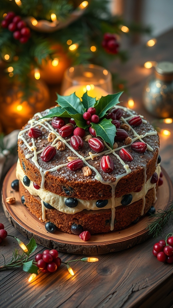 A festive Christmas cake decorated with icing and holly, on a wooden table with holiday decorations.